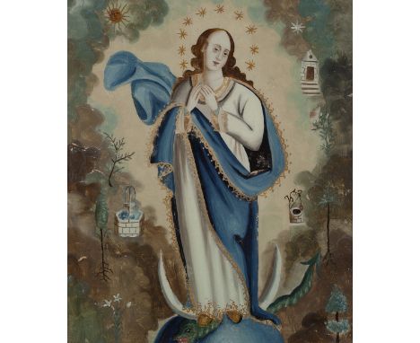Valencian school, 17th century."Tota Pulchra or Immaculate Conception".Oil on glass.Measurements: 44 x 36 cm., 59 x 51 cm. (f