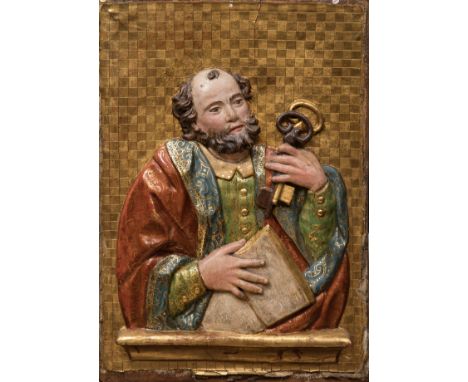 Spanish school; 16th century."Saint Peter".Carved wood, gilded and polychromed.Measurements: 64 x 45,5 cm.Relief in wood with