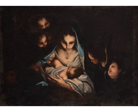 Circle of CARLO MARATTA (Camerano, 1625 - Rome, 1713)."Nativity.Oil on canvas.Re-coloured.Measurements: 66 x 90 cm; 85,5 x 10