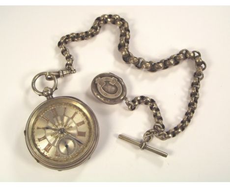 WATCH & CHAIN.An Edwardian silver pocket watch with silvered dial, Chester 1901, with heavy sterling silver watch chain & Vic