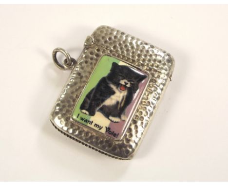 VESTA CASE.An Edwardian silver vesta case with applied enamel Suffragette plaque 'I want My Vote!' Birmingham 1909.