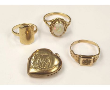 GOLD RINGS ETC. A 9ct. gold & opal dress ring, two gold signet rings & a 9ct. gold locket.