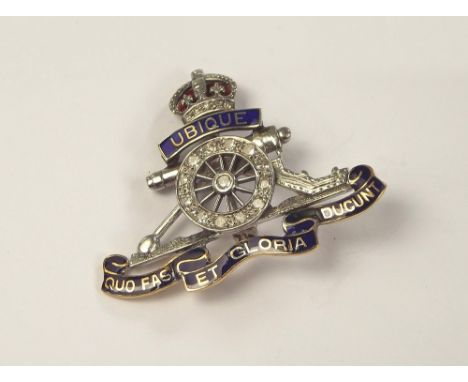 SWEETHEART PIN. A Royal Artillery enamel & diamond sweetheart pin. Width 3.5cm.