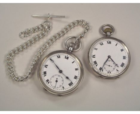 POCKET WATCHES ETC. Two silver cased pocket watches, one with curb link metal chain.