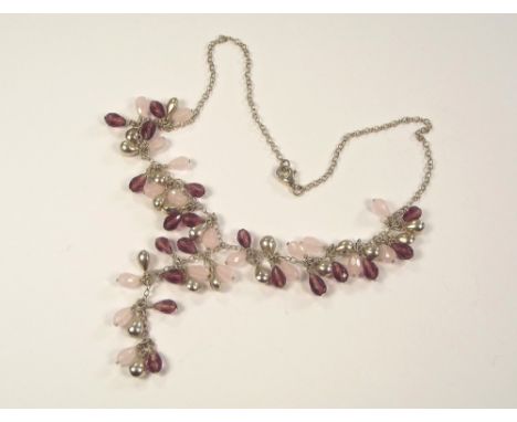 GEMSTONE NECKLACE. A silver mounted amethyst & rose quartz necklace. Length 41cm.