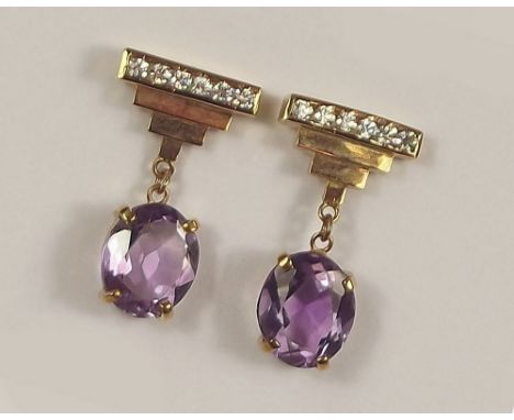 AMETHYST EARRINGS.A pair of 9ct. gold Art Deco style, amethyst & cubic zirconia drop earrings. 