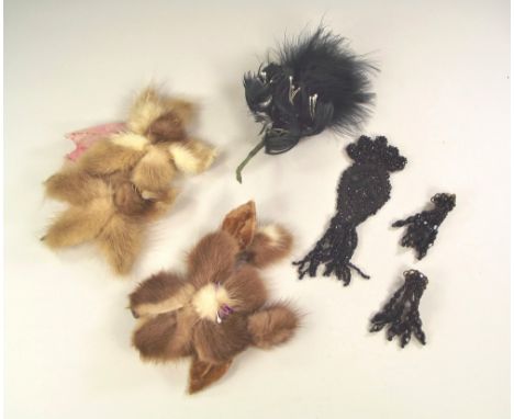 COSTUME JEWELLERY. Two mink corsage brooches, a similar feather corsage etc.