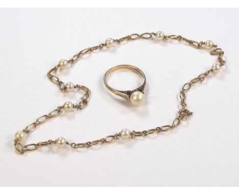 PEARLS. A 9ct. gold chain & cultured pearl necklace & a 9ct. gold cultured pearl ring.