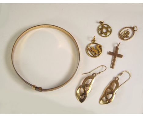 GOLD EARRINGS ETC. A pair of 9ct. gold Celtic inspired earrings, a 9ct. gold cross & St. Christopher (approx. 5.9g), a French
