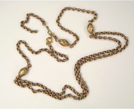 VICTORIAN CHAIN.A Victorian gold watch chain, now adapted as a necklace (unmarked).
