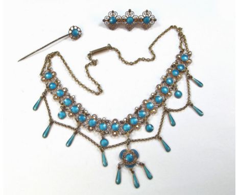 MARIUS HAMMER.A Marius Hammer silver gilt & enamelled fringe necklace, the drop with plique-a-jour enamel, 45cm, unmarked. Al