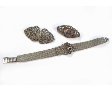 MARCASITE.A silver mesh & marcasite strap & buckle bracelet, a silver, marcasite & moss agate brooch & a marcasite double dre