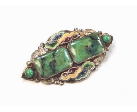CHINESE BROOCH. An early 20th century stamped silver, cold painted enamel & jade brooch. (Two elements missing on jade) Width