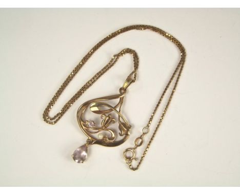 GOLD PENDANT. A 9ct. gold pendant in Art Nouveau style, set amethysts & a pearl on 10k. box link chain.