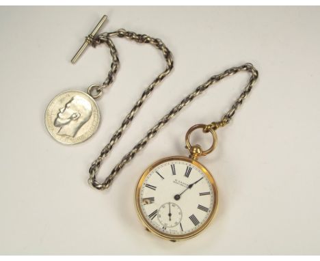 POCKET WATCH.An 18k. cased pocket watch with silver plated watch chain & 1896 Russian 1 rouble coin attached.