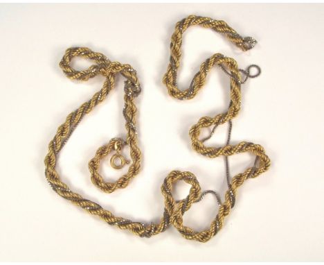 GOLD NECKLACE. An 18ct. white & yellow gold intertwined chain necklace. (Distressed) Approx. 28g.