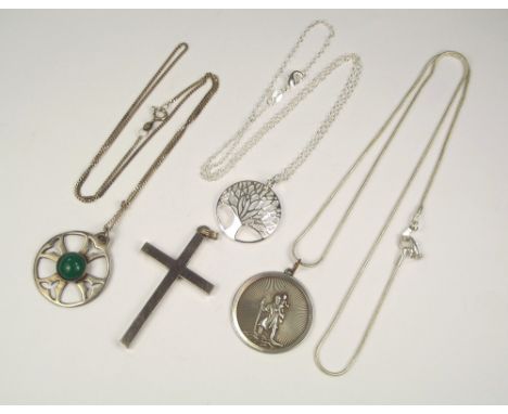SILVER CROSS ETC.A plain silver cross, 5cm, a Scottish Celtic cross pendant set with chalcedony & two other silver pendants.
