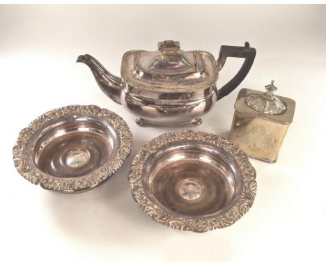 MISCELLANEOUS. A pair of Sheffield plated coasters, 17cm., an EPNS caddy & a Victorian teapot.