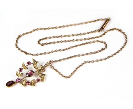 GOLD PENDANT. A 9ct. gold, amethyst & half pearl pendant, with chain. Pendant drop 3.8cm.