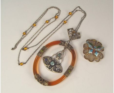 CHINESE BROOCH ETC.A Chinese silver gilt & enamel butterfly brooch & a Art Deco pressed metal & glass pendant necklace. Lengt