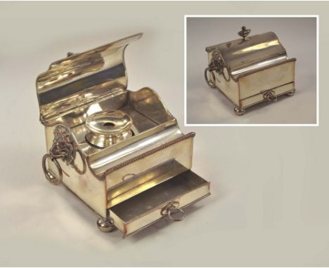 INKWELL. A Sheffield plated copper inkwell, with nibs drawer.