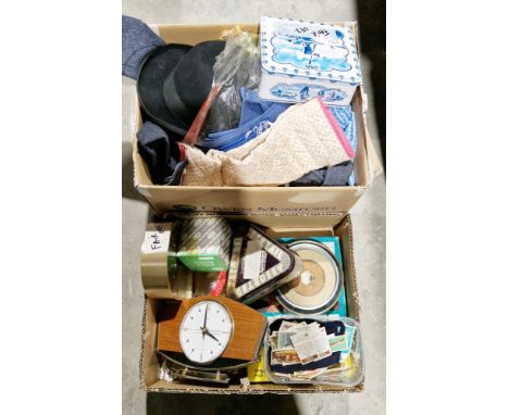 Two boxes of assorted items including a vintage Metamec mantel clock, cigarette cards, textiles, lace making equipment, etc (
