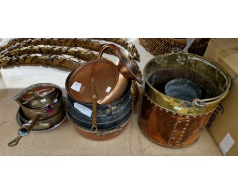 Brass and copper riveted bucket with swing handle, assorted copper pans, copper measure and other metalware