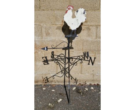 Black painted scrollwork weather vane with white painted rooster atop 152cm overallCondition ReportSome spots of rusting thro
