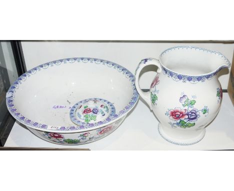 Early 20th century Maling pottery transfer printed part wash set, comprising: a ewer, wash basin and a soap dish, cover and l
