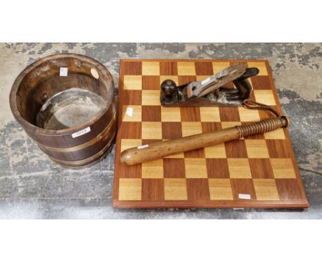 Brass-bound jardiniere&nbsp;by RA Lister &amp; Co Ltd, a Stanley plane, a treen truncheon and&nbsp;a chessboard&nbsp;(4)&nbsp