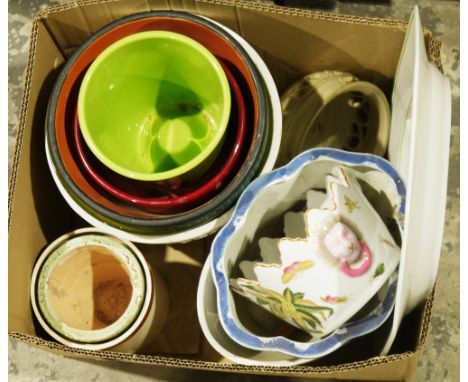 Four boxes of assorted ceramics, including an early 20th century Staffordshire chamber pot, various jardiniers, Majolica hen 