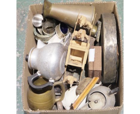 Mixed lot of glassware and metalware including Art Deco, boxed lead crystal tumbler set, decanters, silverplate, brass and ot