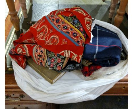 Embroidered circular table cloth, a 19th century christening gown, fabric and other textiles