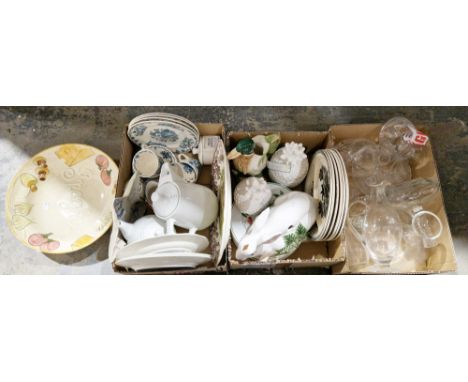 Three boxes of assorted ceramics and glass including decanters, a hare tureen, duck jug, etc (3 boxes)&nbsp;