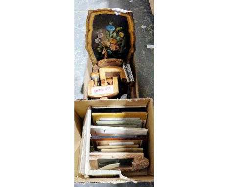 Four boxes of miscellaneous items, including a chess board, a painted lacquer bowl, various treen items and a quantity of pho