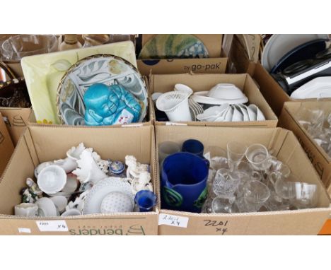 Four boxes of assorted ceramics and glass including an Aldermaston bowl (damaged), a blue glass jug etc.