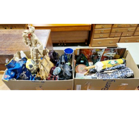 Two boxes of assorted items including two small lacquered folding table screens, wooden and painted glass lantern, model ship
