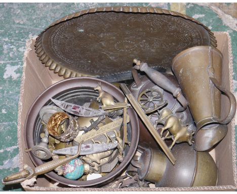 Collection of metalware&nbsp; and other items including brass and silver plate, brass crocodile nutcrackers, wooden elephant 