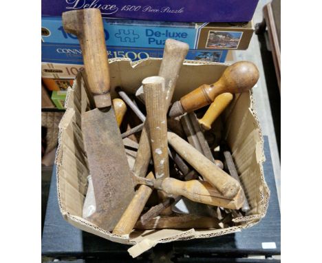 Box of assorted vintage tools including a Rabone &amp; Sons spirit level, chisel with turned wooden handle with stamped lette