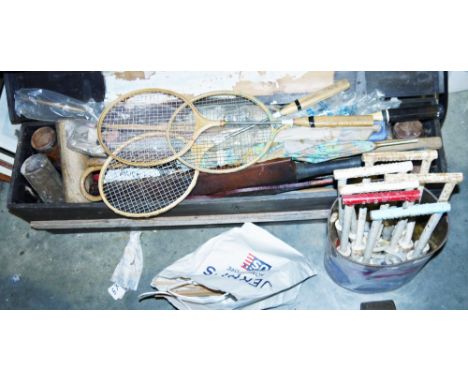 Case containing assorted croquet mallets, croquet balls and Jaques croquet hoops&nbsp;and various other sporting equipment&nb