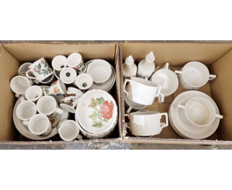 Two boxes of assorted china including a Portmeirion Totem pattern set of cups and saucers and condiment jars and a quantity o
