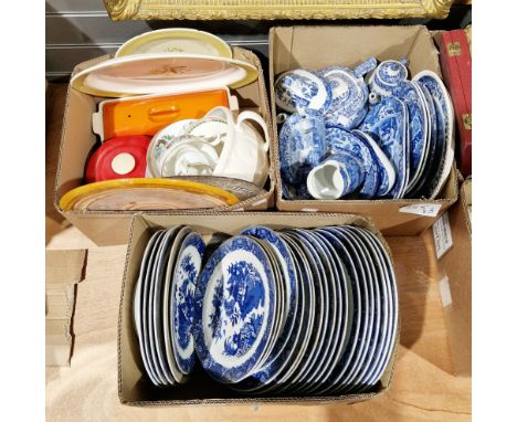 Three boxes of assorted ceramics including 19th century and later blue and white plates and other tableware, Royal Worcester 