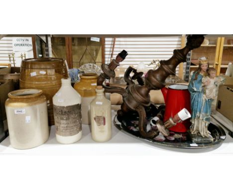 Stoneware bottle with label for Jacksons White Hard Varnish, other stoneware bottles and jars, a turned wooden electrolier, m