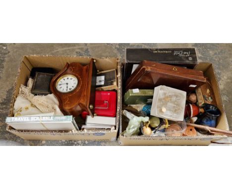 Two boxes of assorted items including an Edwardian inlaid walnut mantel clock, assorted ornaments, etc (2 boxes)&nbsp;