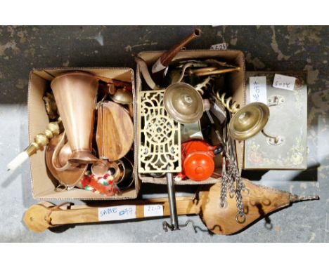 Two boxes of assorted metalware, including brass spiral candlesticks, copper jug, enamel jug and a painted enamel box and pai