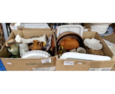 Four boxes of assorted ceramics including a large blue and white ewer, studio pottery, including an Aldermaston pottery vase 