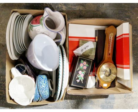 Two boxes of assorted items including two majolica charges, other ceramics and a box containing a barometer, box with floral 