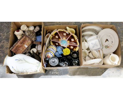 Three boxes of assorted ceramics&nbsp;including a Franklin porcelain Meadow Land bird vase, a Royal Doulton part coffee set, 