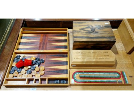 19th century work box, a modern folding backgammon set and two modern games marking boards