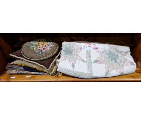 Patchwork quilt and a quantity of cushions,&nbsp;a painted milk churn and three walking sticks